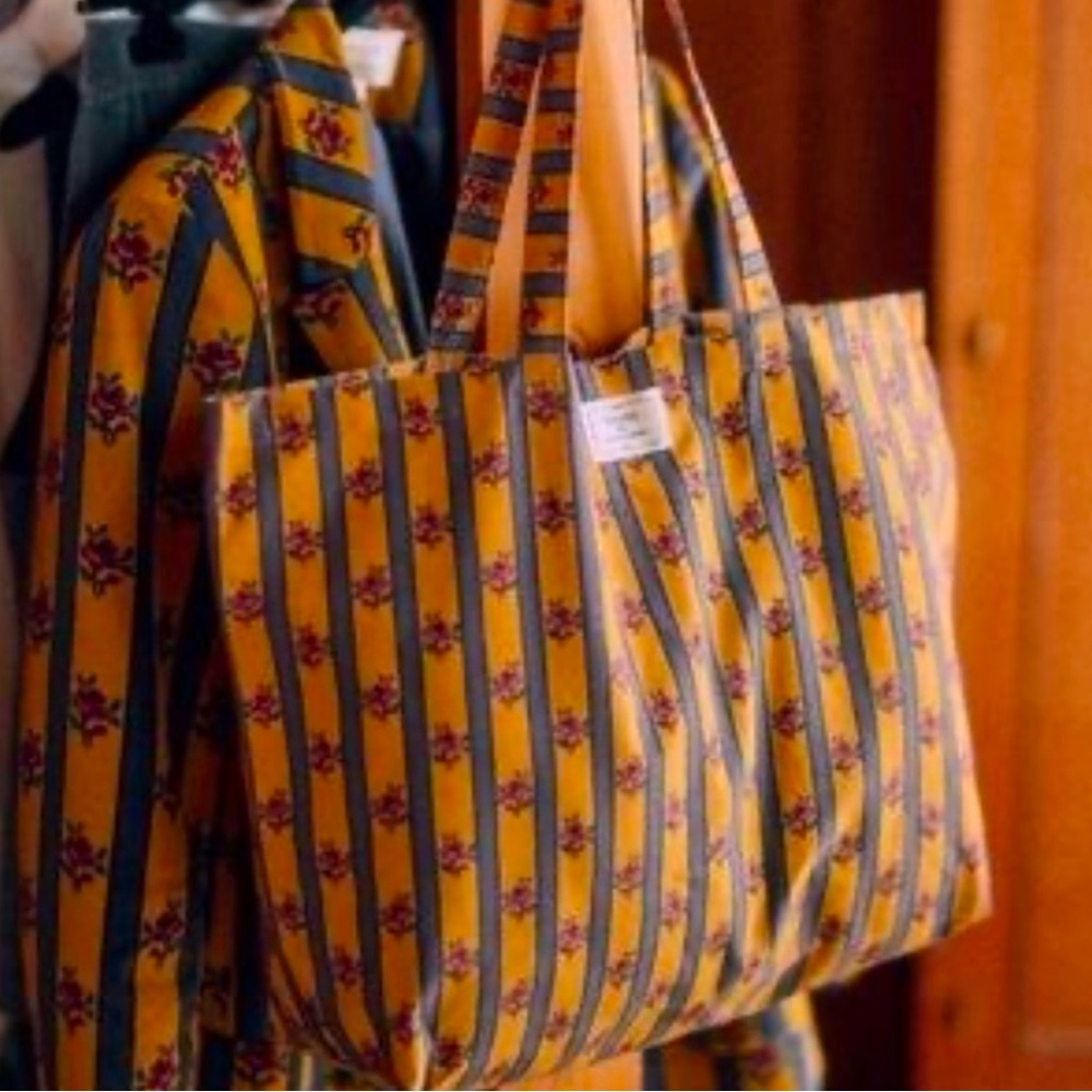 Floral Striped Tote Bag - Yellow and Blue